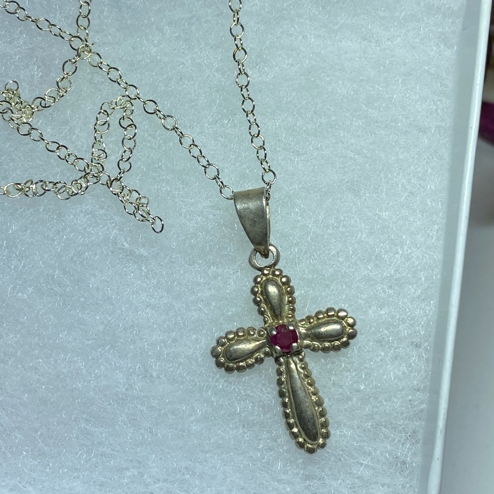 Vintage Ruby Sterling Silver Cross Pendant Necklace